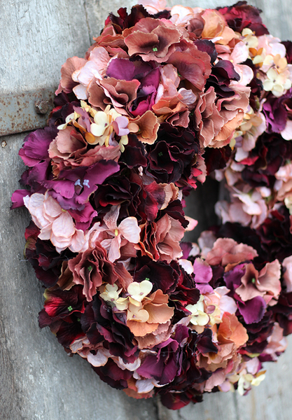 Brązowa Hortensja New, jesienny wianek na drzwi, śr.40cm