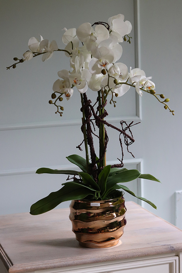 Jeremias Tulluza, sztuczny storczyk w złotej donicy, wys.70cm