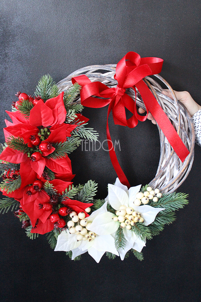 Gwiazda Betlejemska Red&White wianek / stroik dekoracyjny, szer.42 cm