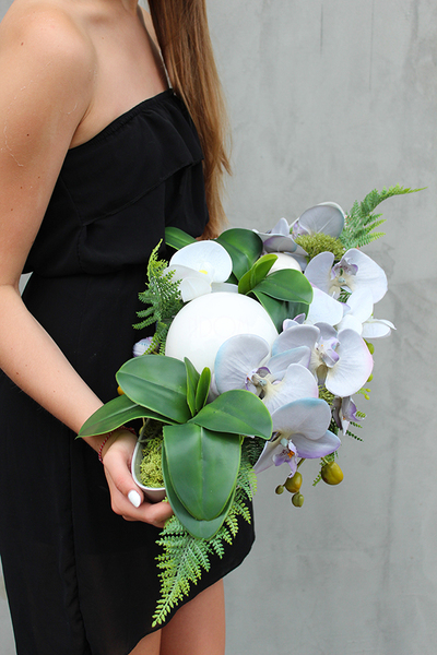 Deko Storczyk Grey kompozycja kwiatowa w podłużnym naczyniu - łódce, dł.70cm