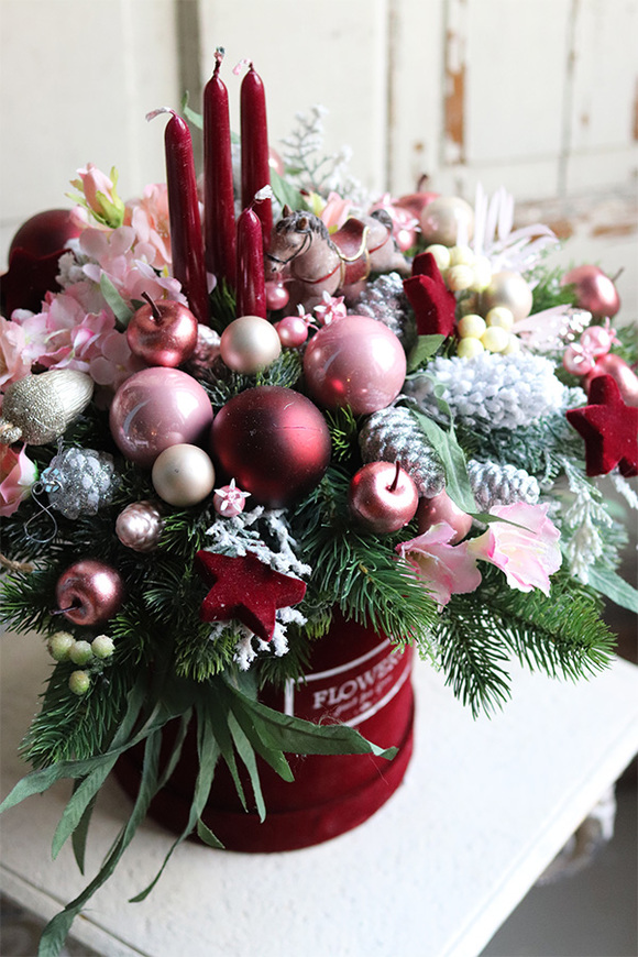 box świąteczny / stroik w welurowym pudełku, Bordena, wys.44cm 