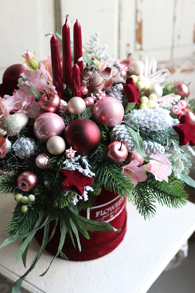 box świąteczny / stroik w welurowym pudełku, Bordena, wys.44cm 