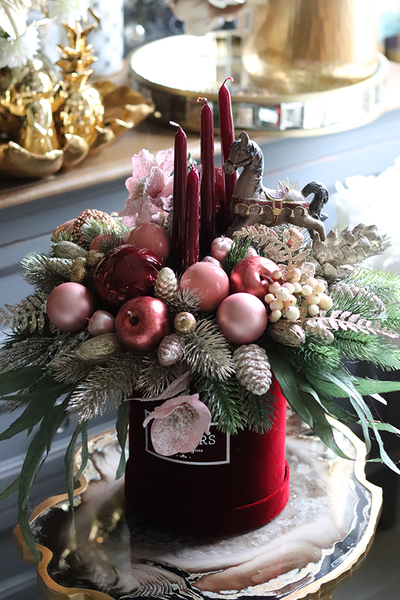 box świąteczny / stroik w welurowym pudełku, Bordena, wys.44cm 