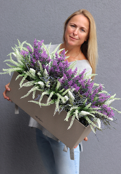 Lechuza Wrzosy, kompozycja kwiatowa w wysokiej jakości donicy - skrzynce, wym.65x40x40cm 