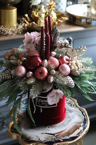 box świąteczny / stroik w welurowym pudełku, Bordena, wys.44cm 