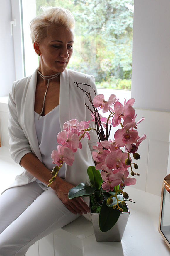 Jukatan, zjawiskowy różowy storczyk w srebrnym naczyniu, wys.60cm