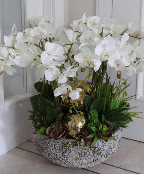 Golden Heaven, ekskluzywny, bardzo duży storczyk ze złotymi kulami i sukulentami, wys.62cm