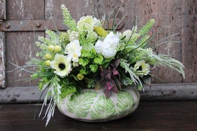 Zielone Marzenie, dekoracja kwiatowa w srebrnym naczyniu, wys.28cm