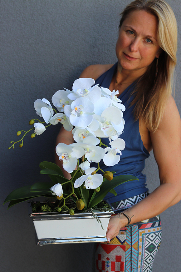 Caprisa biały storczyk w biało-srebrnej donicy, wys.50cm