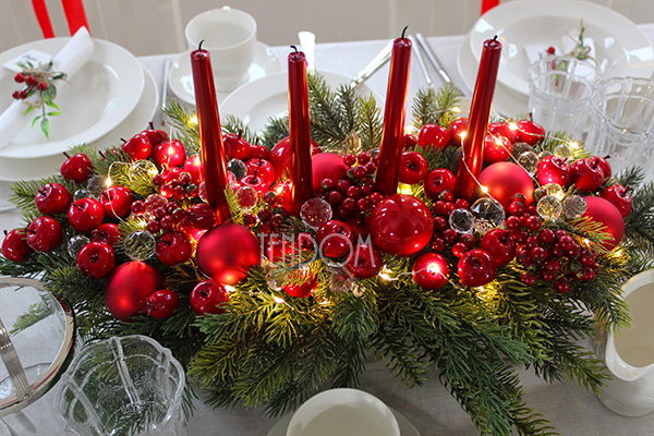 zimowy stroik świąteczny na stół Karminowy, wym.60x30x19cm 