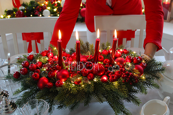 zimowy stroik świąteczny na stół Karminowy, wym.60x30x19cm 