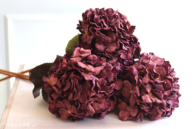 Burgundia, bukiet sztucznych hortensji, bordo, dł.75cm, 3szt