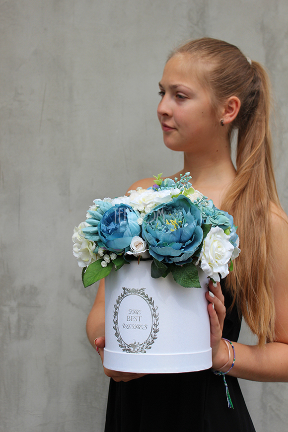 kompozycja kwiatowa / bukiet Flowerbox, Błękitne Niebo 1, wys.30cm