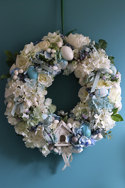 Niebieska Bajka, duży wielkanocny wianek na drzwi, śr.50cm