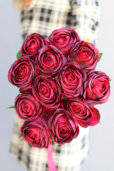 Bordocja, bukiet 12 bordowych róż, duży, dł.54cm 