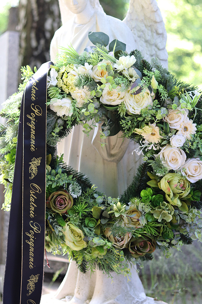 bogaty wieniec pogrzebowy / wiązanka z wstęgą, Zielone Marzenie XXL, śr.66cm