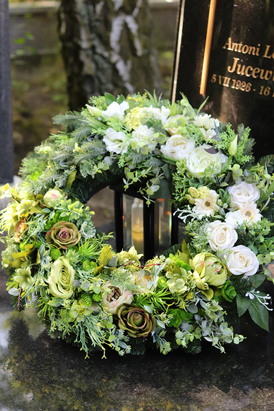 bogaty wieniec pogrzebowy / wiązanka z wstęgą, Zielone Marzenie XXL, śr.66cm