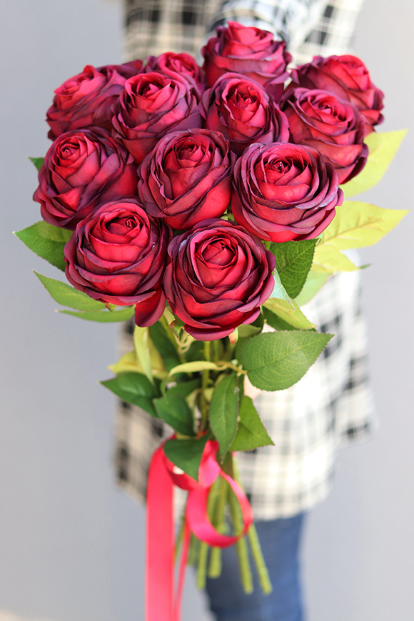 Bordocja, bukiet 12 bordowych róż, duży, dł.54cm 