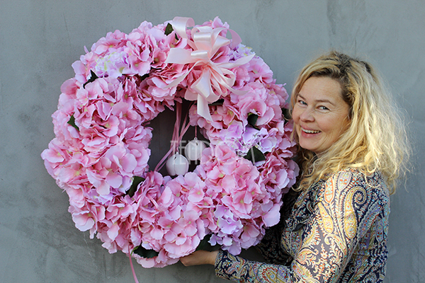Bladoróżowa Hortensja 2 wianek na drzwi, śr.60cm  
