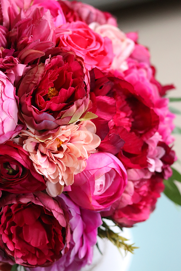 bogaty flowerbox / kompozycja z różowych kwiatów, Georgina, wys.53cm