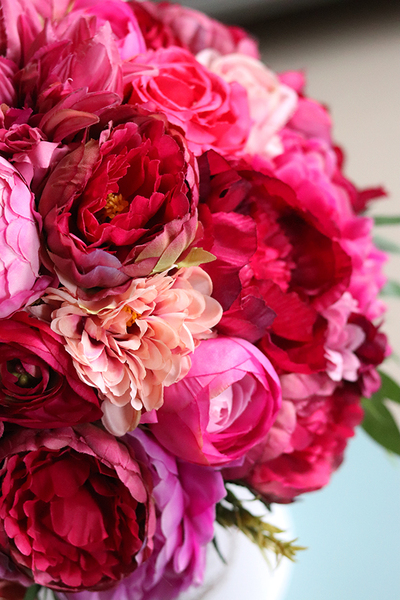 bogaty flowerbox / kompozycja z różowych kwiatów, Georgina, wys.53cm