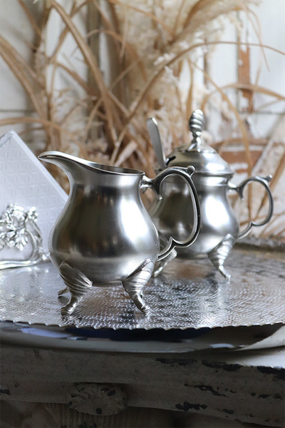 cynowany komplet do kawy Tivoli (mlecznik, cukiernica, łyżeczka) 