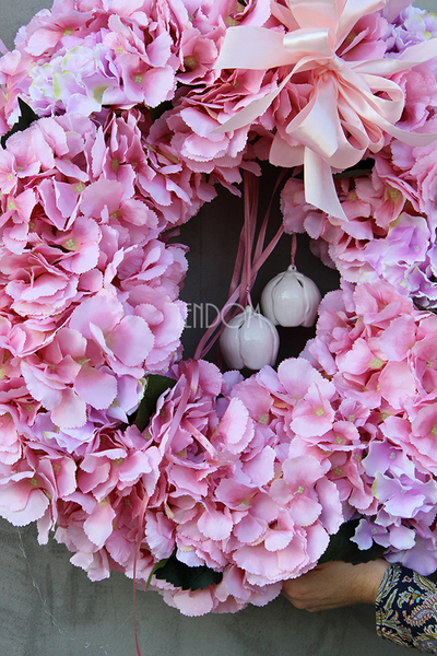 Bladoróżowa Hortensja 2 wianek na drzwi, śr.60cm  
