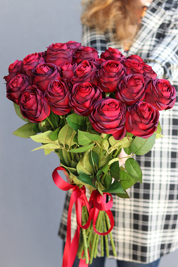 Bordocja, bukiet 12 bordowych róż, duży, dł.54cm 