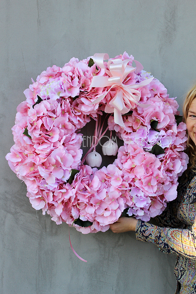 Bladoróżowa Hortensja 2 wianek na drzwi, śr.60cm  