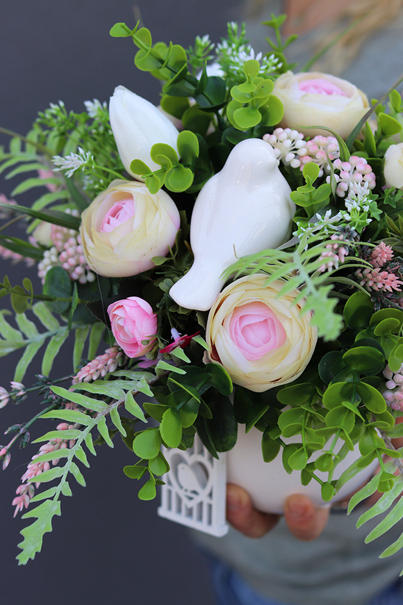 Lirena, kompozycja z ceramicznym ptaszkiem zawieszką - klatką, wys.30cm