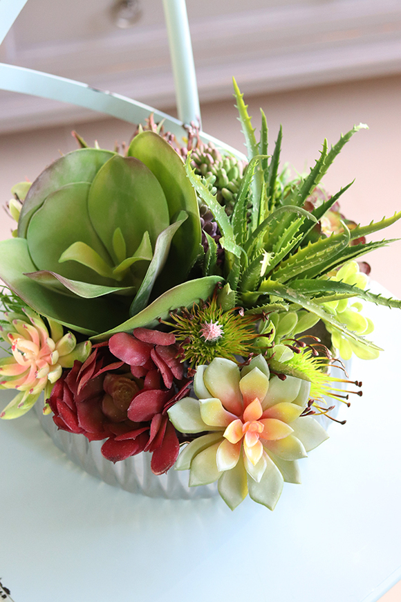 Silver Teman, wysokiej jakości sukulenty w lustrzanym naczyniu, wys.24cm