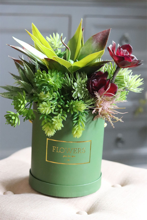 Alberto, flowerbox z sukulentów w zielonym pudełku, wys.36cm
