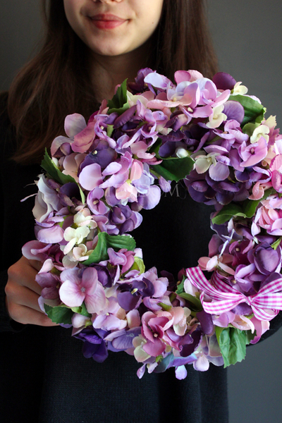 Fioletowa Hortensja wianek na drzwi, śr.27cm