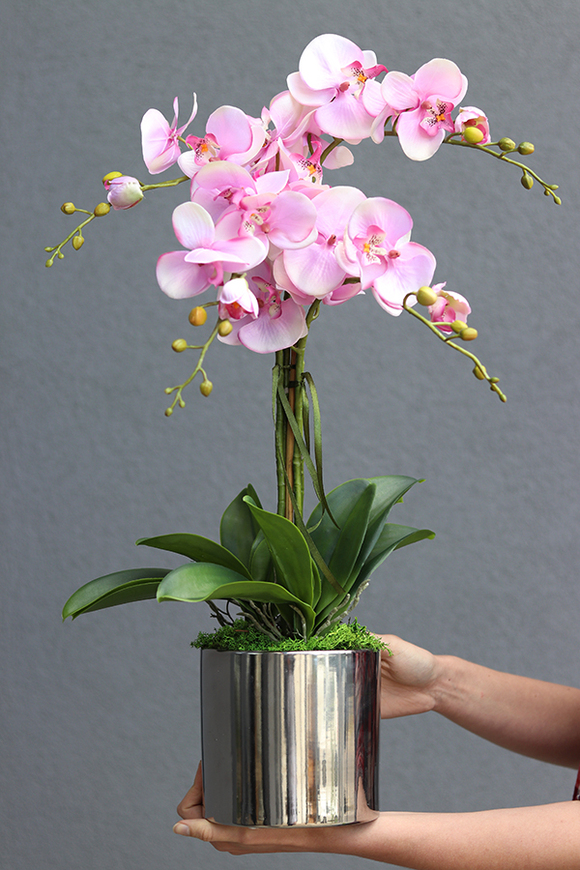 Pink&Silver, elegancki storczyk glamour w lustrzanym naczyniu, wys.67cm