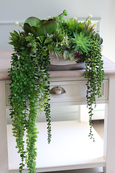 Anya Laos, piękna kompozycja Sukulenty w lustrzanej donicy, wym.25x48cm