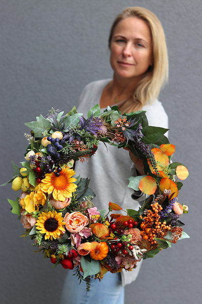 jesienny wianek ze słonecznikiem, Słońce w Lesie, śr.45cm 