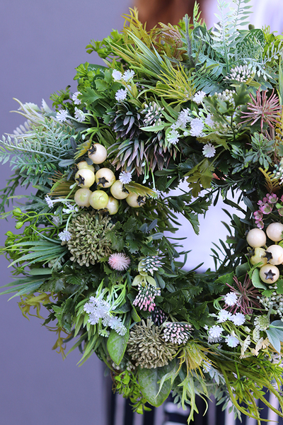 stonowany zielony wianek na drzwi, Zielony Dom,śr.38cm