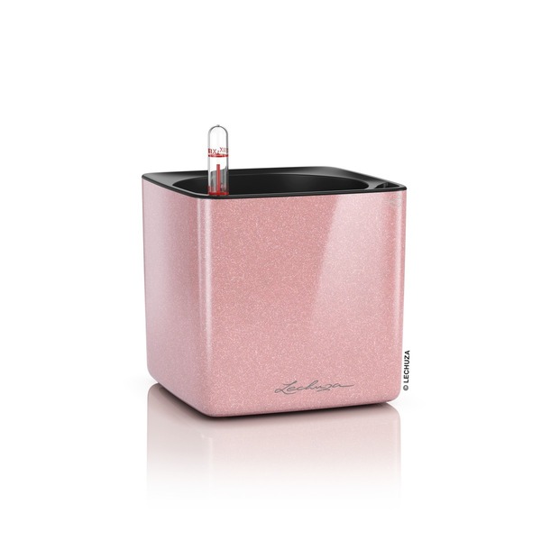 Cube Glossy Brokat, elegancka donica z nawadnianiem, kaszmirowa, wym.14x14cm