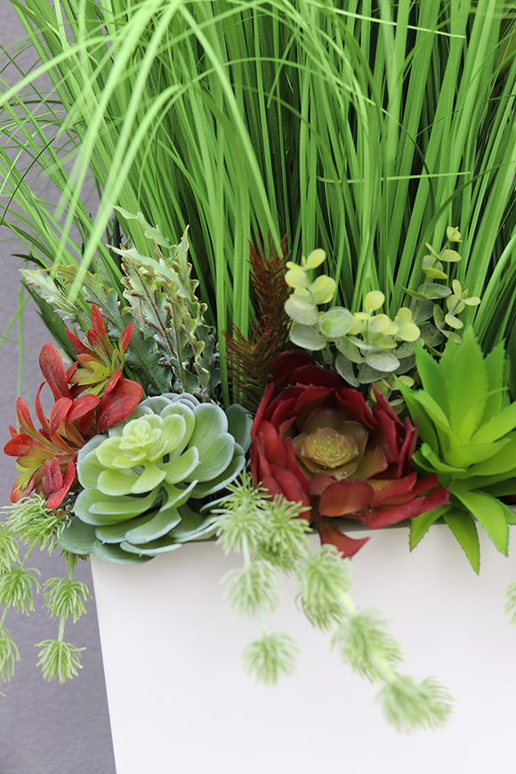 Deronata, trawa w białej donicy Fiberglass z dmuchawcami, wys.145cm