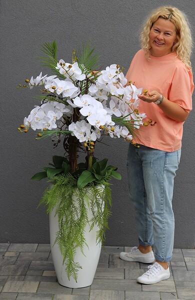 Fiberglass Grande White Duo, efektowny storczyk w białej donicy z fiberglass, wys.140cm