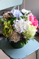 Cekiano, flowerbox z hortensjami w zielonym pudełku, wys.43cm