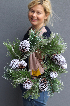 Lodowe Kryształy, zimowy wianek na drzwi stroik na stół z szyszkami, śr.40cm 