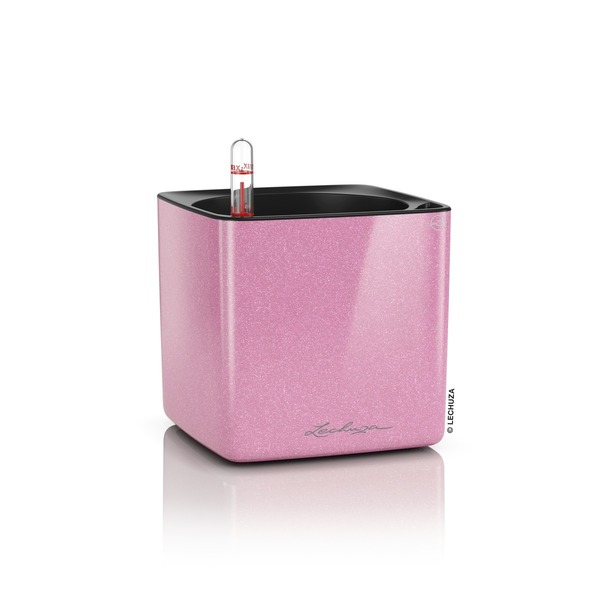 Cube Glossy Brokat, elegancka donica z nawadnianiem, landrynkowa, wym.14x14cm