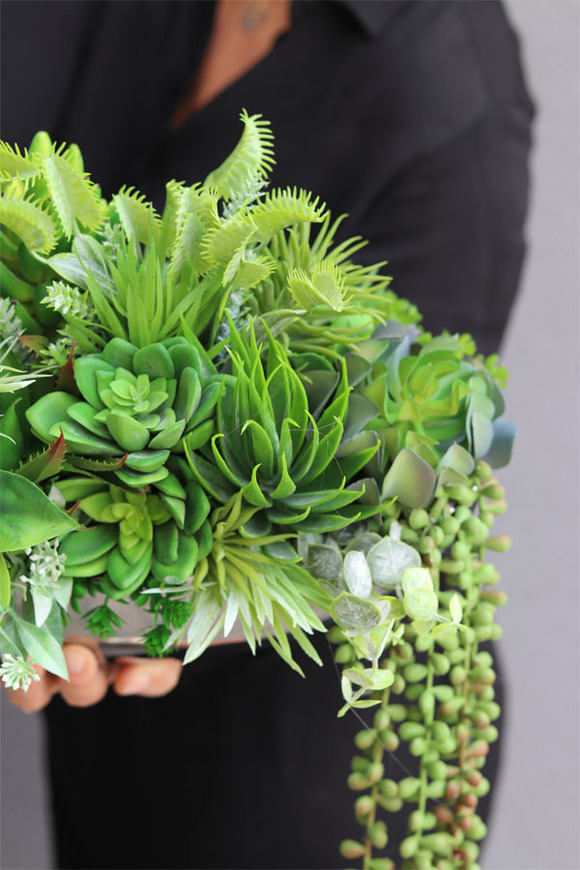 Anya Laos, piękna kompozycja Sukulenty w lustrzanej donicy, wym.25x48cm