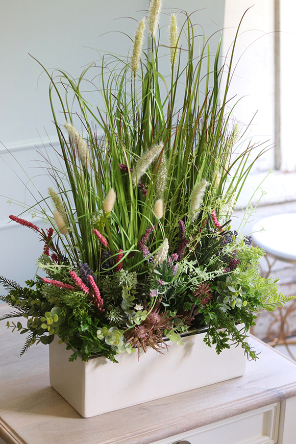 kompozycja z trawami w białej donicy, Felano, wys.76cm