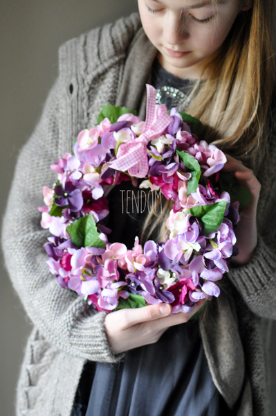 Fioletowa Hortensja wianek na drzwi, śr.27cm