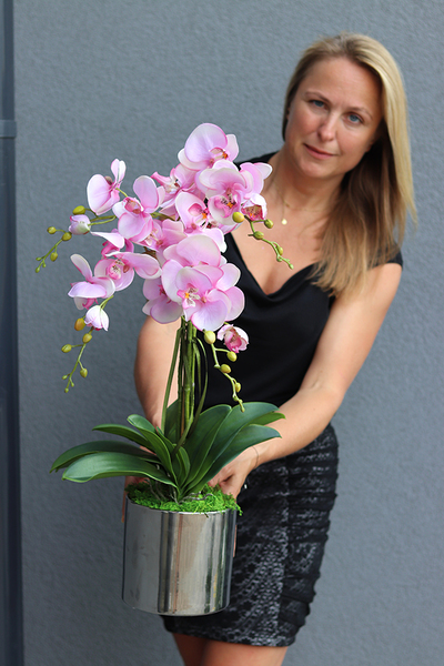 Pink&Silver, elegancki storczyk glamour w lustrzanym naczyniu, wys.67cm