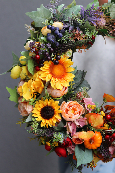 jesienny wianek ze słonecznikiem, Słońce w Lesie, śr.45cm 