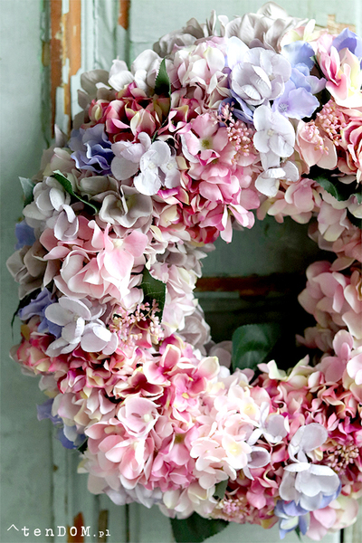 Romantyczne Hortensje, gęsty różowy wianek na drzwi, śr.42cm 