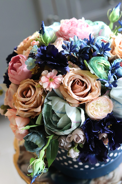 Flamenco Pink&Blue, piękny flowerbox w groszki, wys.34cm